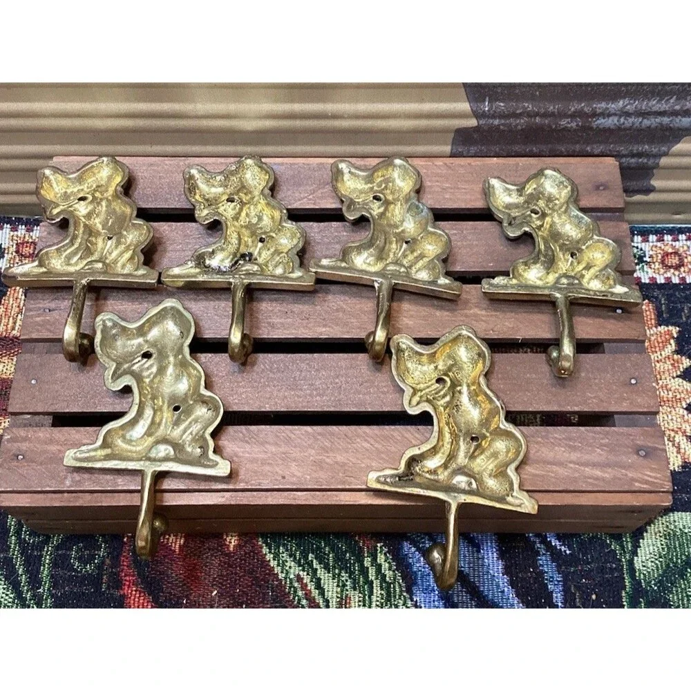 Vintage Brass Metal Pluto Wall Door Coat Hooks Dog Hound Shape Hangers Set of 6